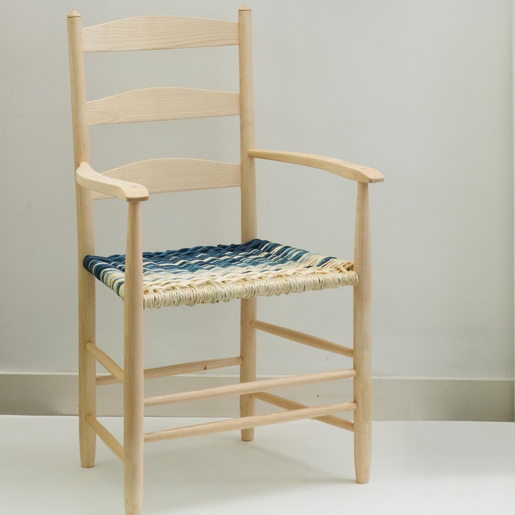 Arts & Crafts Movement Bedales chair with indigo & white willow seat